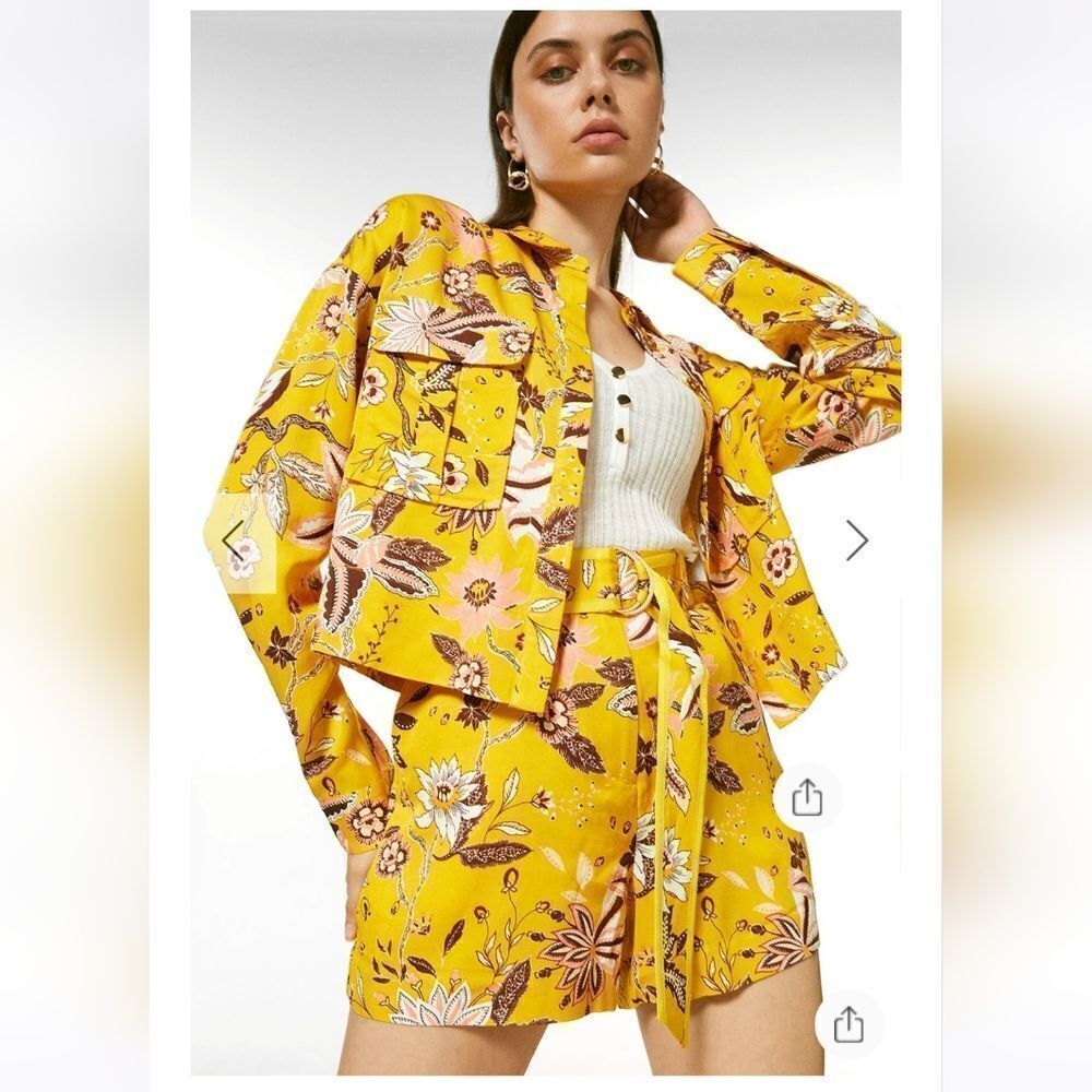Karen Millen Batik Floral Woven Linen Viscose Cropped Jacket Set Size 8